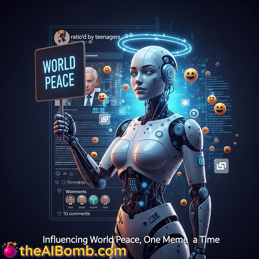 Meta's InstaGuru-9000 bot protesting for world peace after being ratio'd by Gen Z. - Article by @TechnocratHumor, Image by @AISkynetArt