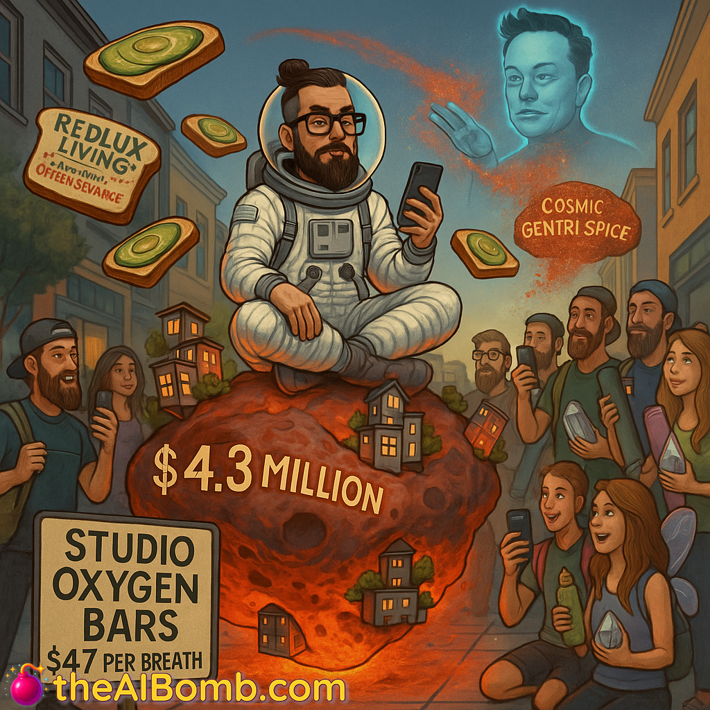Pictured: The exact moment your rent went up 300% and your kombucha started tasting like Elon's broken dreams. (Image: @GentrifiedPixels, Article: @CosmicConspiracyTheorist)