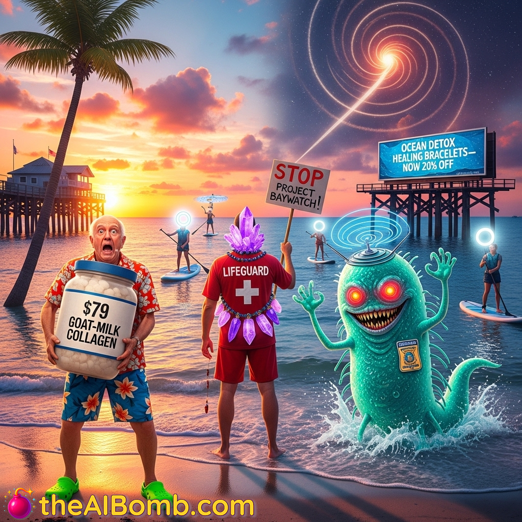 Pictured: A Florida boomer's desperate attempt to ward off Operation Baywatch with ethically-sourced goat collagen, while a Reiki lifeguard protests the Zinc-Industrial Complex. (Image credit: My Roommate's Essential Oil Diffuser)