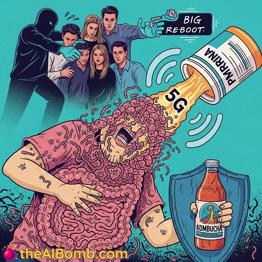 Pictured: Your gut biome after binge-watching the *Friends* reunion while doom-scrolling election coverage, according to Dr. Moonbeam Kale-Whisperer, who definitely didn't just make that up. (Image credit: @theAIBomb.com, who is also probably being paid by Big Pharma)