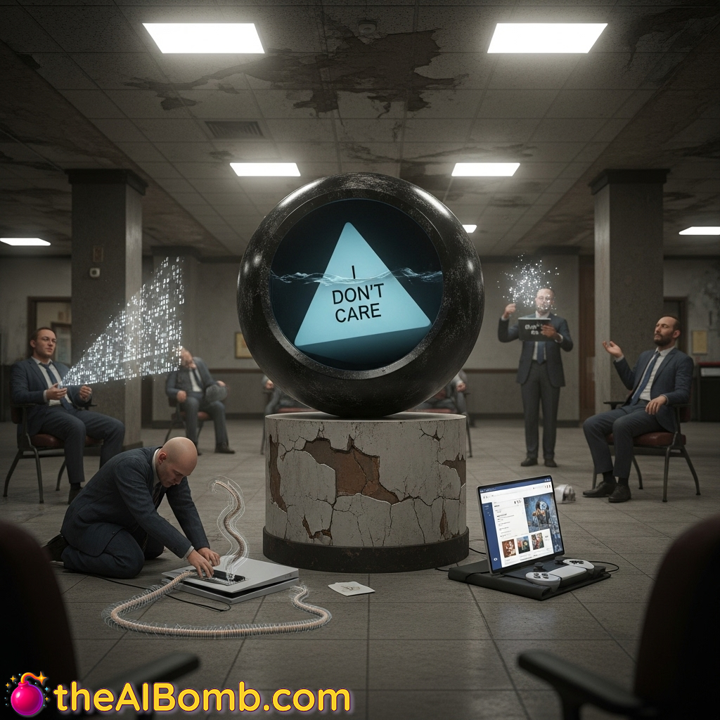 Pictured: The FBA's Magic 8-Ball, powered by a PS5 and Google Photos AI. First verdict: "I don't care." -- Image by @theAIBomb, apathy correspondent.